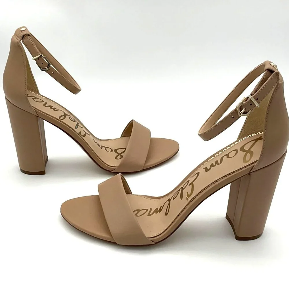 Sam Edelman Nude Ankle Strap Block Heel Sandals Womens Size 7 Medium Leather - Picture 4 of 10